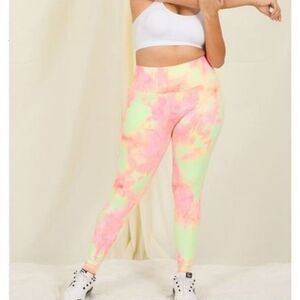 Zenana Neon Yellow & Pink Tie Dye High Waisted Leggings Sizes 2x Workout